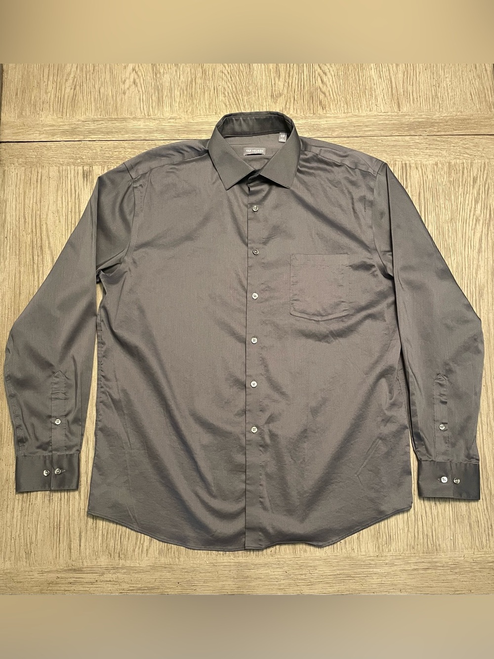 Van Heusen men’s button up dress shirt, large, gray, like new (worn once).